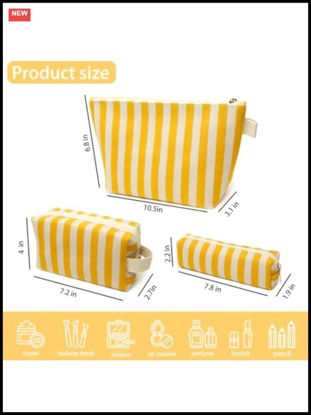 3-Piece Canvas Makeup Bag Set with Stripes and Waterproof Lining